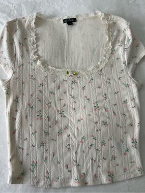 Wild Fable milk tea Cream Floral Lace-Trim Crop Top with Pink Roses size S